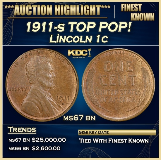 1911-s Lincoln Cent TOP POP! 1c Grades ms67 bn SEGS