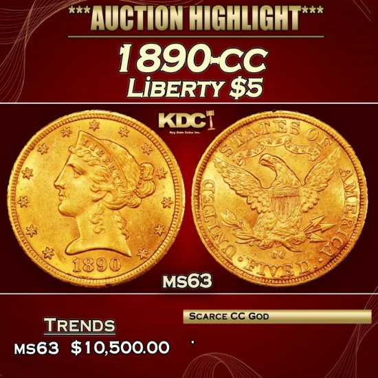 1890-cc Gold Liberty Half Eagle $5 ms63 SEGS