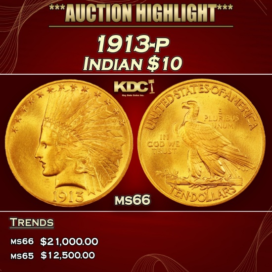 1913-p Gold Indian Eagle $10 ms66 SEGS