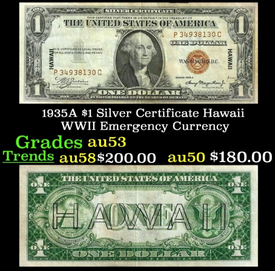 1935A $1 Silver Certificate Hawaii WWII Emergency Currency Grades Select AU