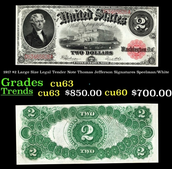 1917 $2 Large Size Legal Tender Note Thomas Jefferson Grades Select CU Signatures Speelman/White