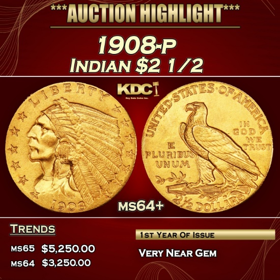 1908-p Gold Indian Quarter Eagle $2 1/2 ms64+ SEGS