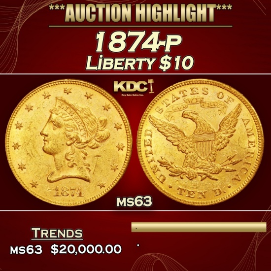 1874-p Gold Liberty Eagle $10 ms63 USCG