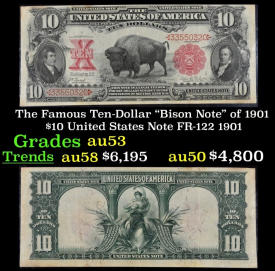 The $10 United States Note Famous Ten-Dollar "Bison Note" of 1901 FR-122 Grades Select AU 1901