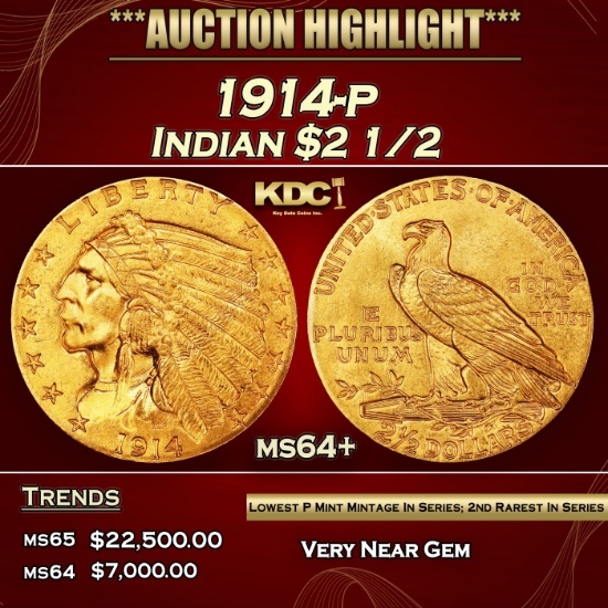 1914-p Gold Indian Quarter Eagle $2 1/2 ms64+ SEGS