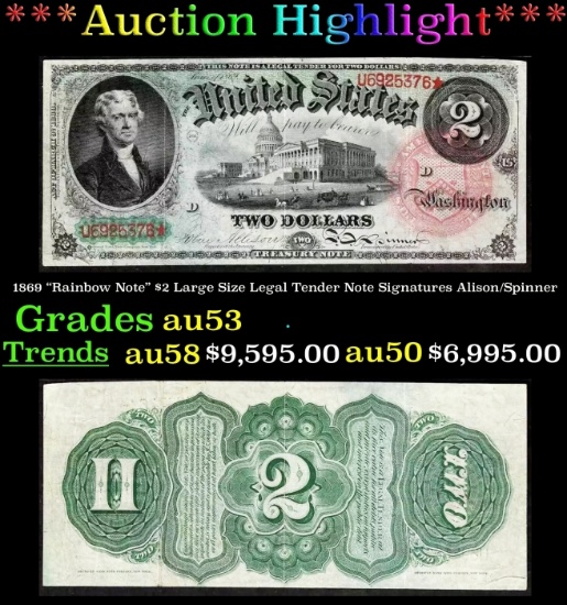 1869 $2 Large Size Legal Tender Note "Rainbow Note" Grades au53 Signatures Alison/Spinner