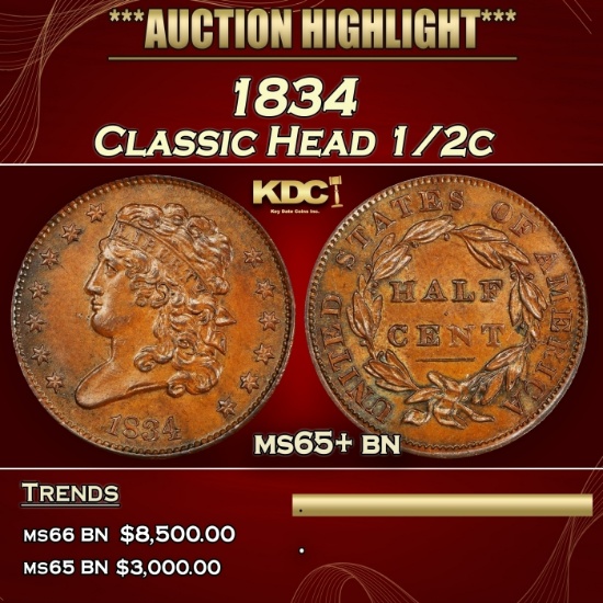 1834 Classic Head half cent 1/2c ms65+ bn SEGS