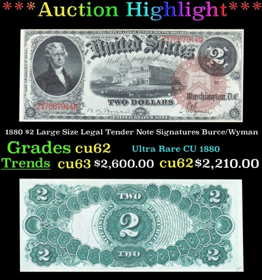 1880 $2 Large Size Legal Tender Note Grades cu62 Signatures Burce/Wyman