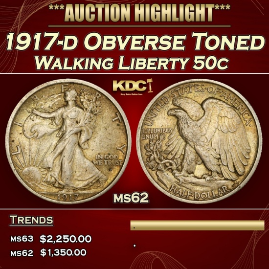 1917-d Obverse Walking Liberty Half Dollar Toned 50c ms62 USCG