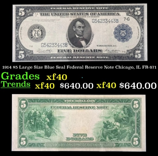 1914 $5 Large Size Blue Seal Federal Reserve Note Chicago, IL Grades xf FR-871