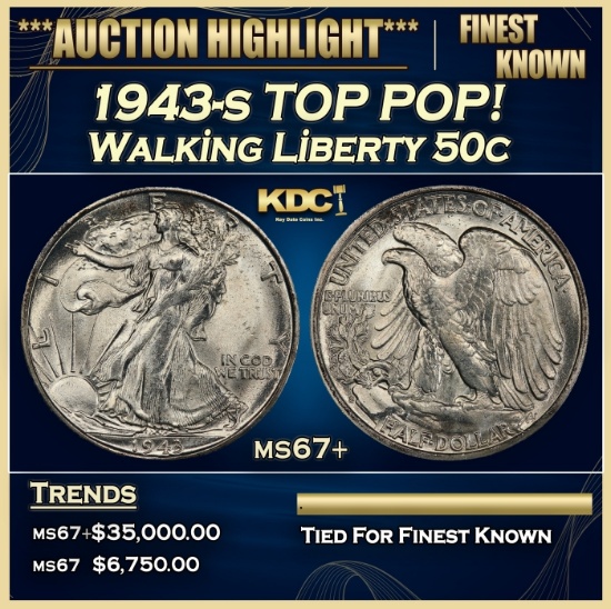 1943-s Walking Liberty Half Dollar TOP POP! 50c ms67+ SEGS