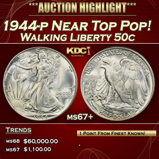 1944-p Walking Liberty Half Dollar Near Top Pop! 50c ms67+ SEGS