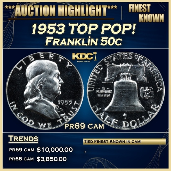 1953 Proof Franklin Half Dollar TOP POP! 50c pr69 cam SEGS