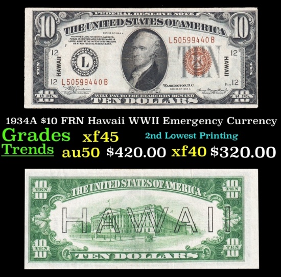1934A $10 FRN Hawaii WWII Emergency Currency Grades xf45