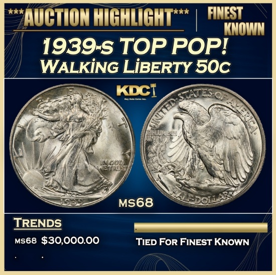 1939-s Walking Liberty Half Dollar TOP POP! 50c ms68 SEGS