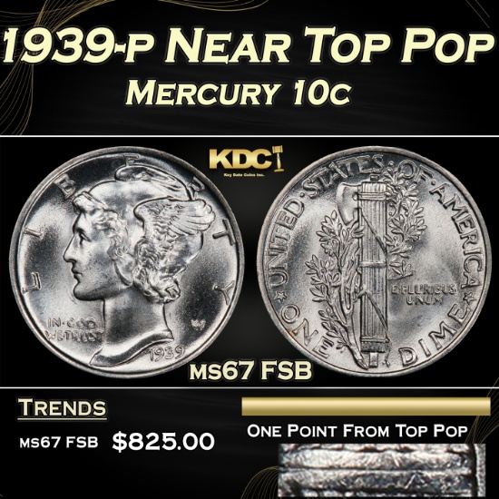 1939-p Mercury Dime Near Top Pop 10c ms67 FSB SEGS
