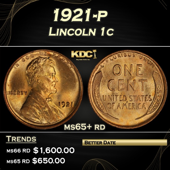 1921-p Lincoln Cent 1c Grades ms65+ rd