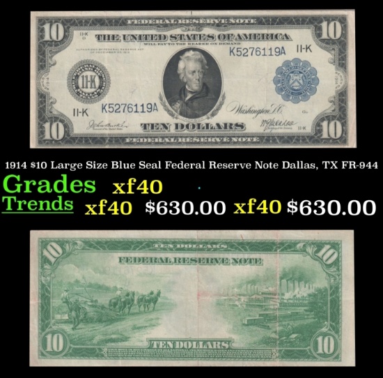 1914 $10 Large Size Blue Seal Federal Reserve Note Dallas, TX Grades xf40 FR-944