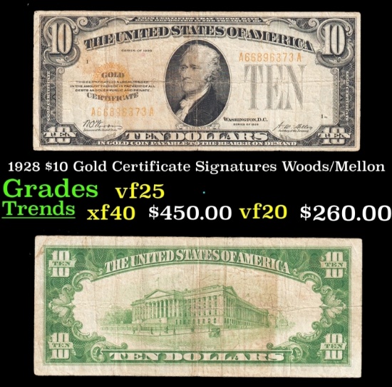 1928 $10 Gold Certificate Signatures Woods/Mellon Grades vf25