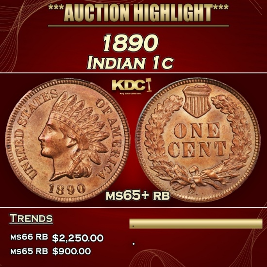 1890 Indian Cent 1c ms65+ rb SEGS