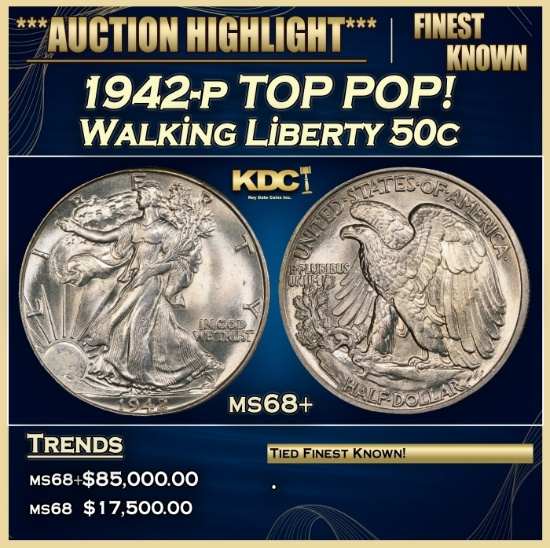 1942-p Walking Liberty Half Dollar TOP POP! 50c ms68+ SEGS