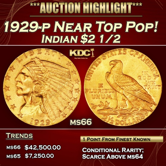 1929-p Gold Indian Quarter Eagle Near Top Pop! $2 1/2 ms66 SEGS