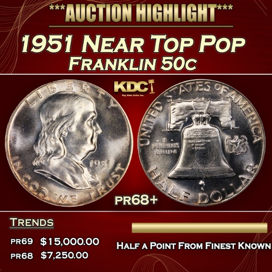 1951 Proof Franklin Half Dollar Near Top Pop 50c pr68+ SEGS