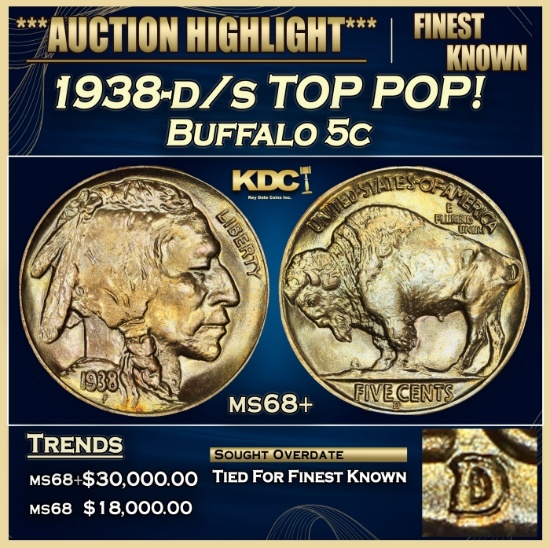 1938-d/s Buffalo Nickel TOP POP! 5c ms68+ SEGS