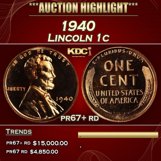 1940 Proof Lincoln Cent 1c pr67+ rd SEGS