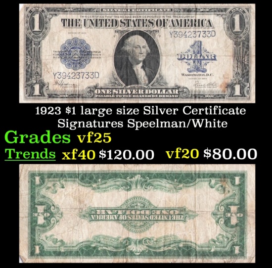 1923 $1 large size Silver Certificate Grades vf+ Signatures Speelman/White