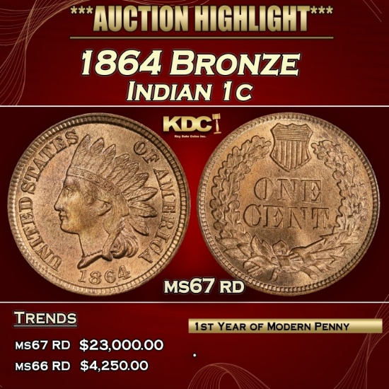 1864 Bronze Indian Cent 1c ms67 rd SEGS