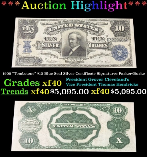 1908 $10 Blue Seal Silver Certificate "Tombstone" Grades xf Signatures Parker/Burke