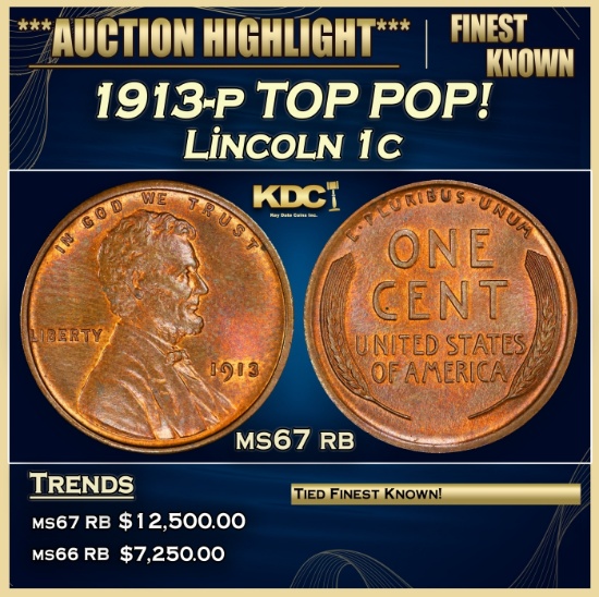 1913-p Lincoln Cent TOP POP! 1c ms67 rb SEGS