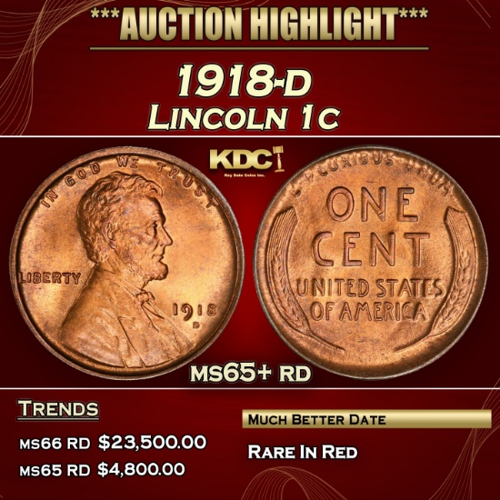 1918-d Lincoln Cent 1c ms65+ rd SEGS