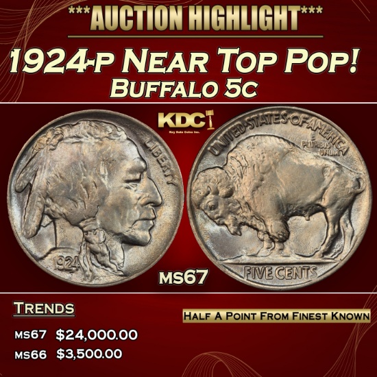 1924-p Buffalo Nickel Near Top Pop! 5c ms67 SEGS