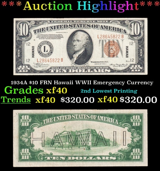 1934A $10 FRN Hawaii WWII Emergency Currency Grades xf