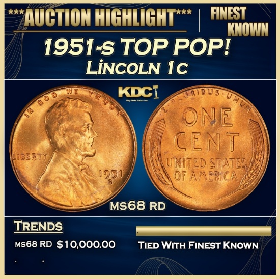 1951-s Lincoln Cent TOP POP! 1c ms68 rd SEGS