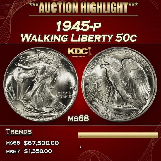 1945-p Walking Liberty Half Dollar 50c ms68 SEGS