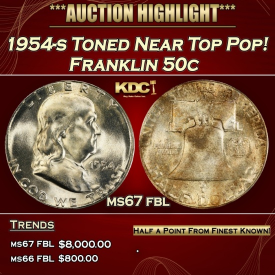 1954-s Franklin Half Dollar Toned Near Top Pop! 50c ms67 fbl SEGS