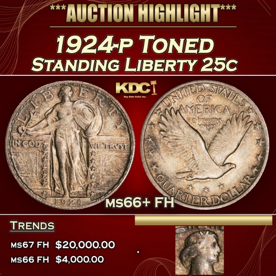 1924-p Standing Liberty Quarter Toned 25c ms66+ FH SEGS