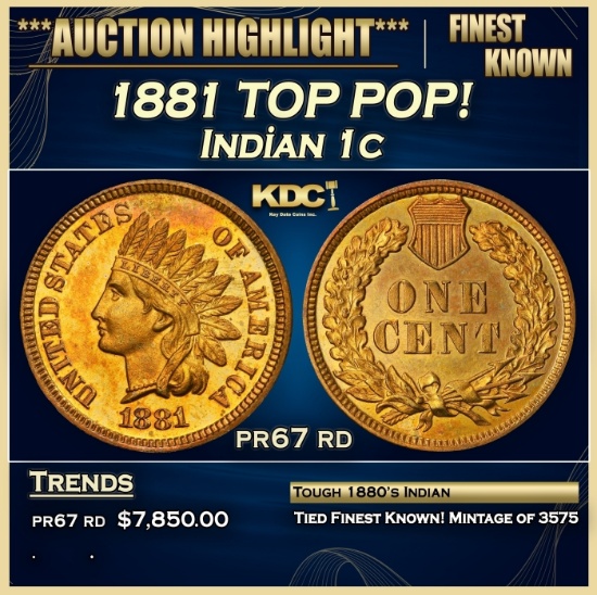 1881 Proof Indian Cent TOP POP! 1c pr67 rd SEGS