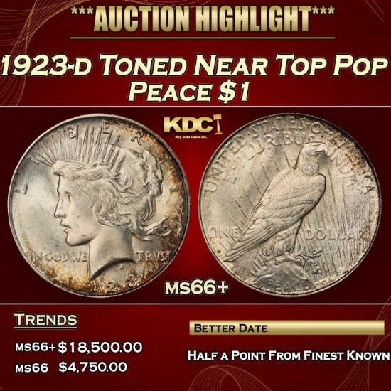 1923-d Peace Dollar Toned Near Top Pop $1 ms66+ SEGS
