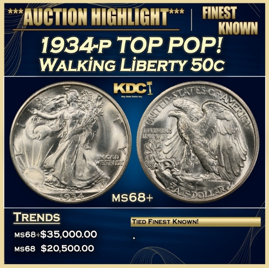 1934-p Walking Liberty Half Dollar TOP POP! 50c ms68+ SEGS