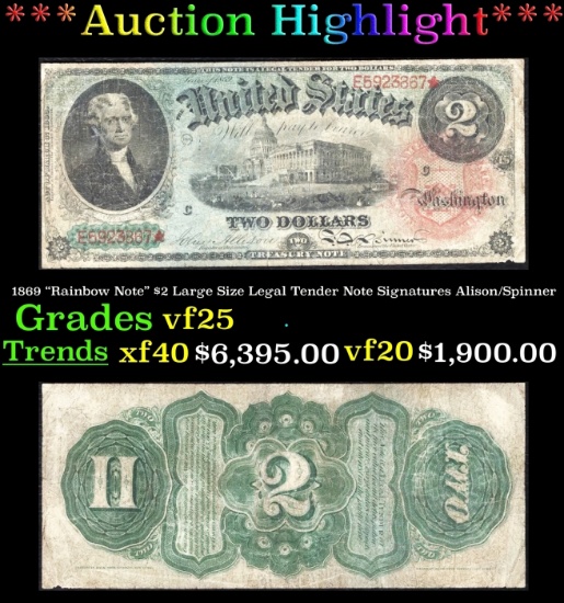 1869 $2 Large Size Legal Tender Note "Rainbow Note" Grades vf+ Signatures Alison/Spinner