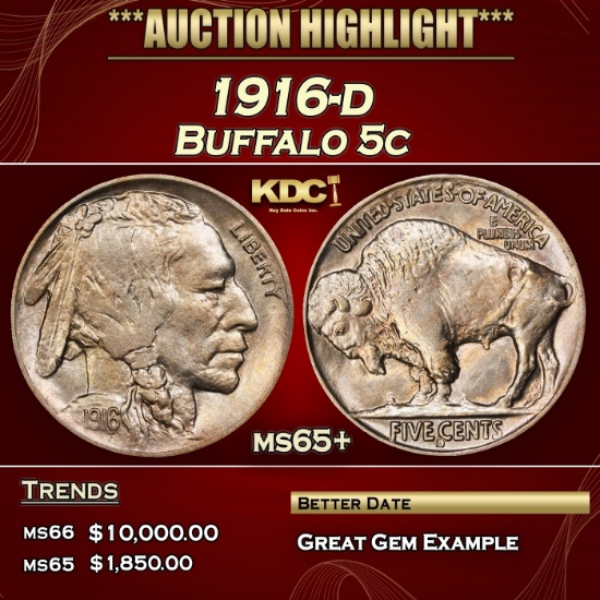 1916-d Buffalo Nickel 5c ms65+ SEGS