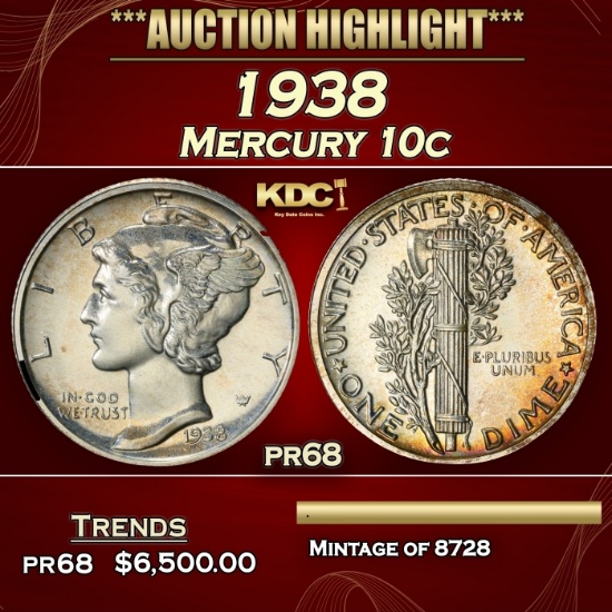 1938 Proof Mercury Dime 10c pr68 SEGS