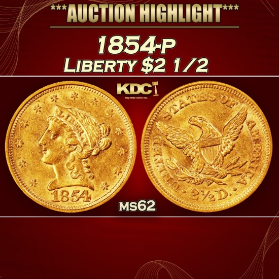 1854-p Gold Liberty Quarter Eagle $2 1/2 ms62 USCG