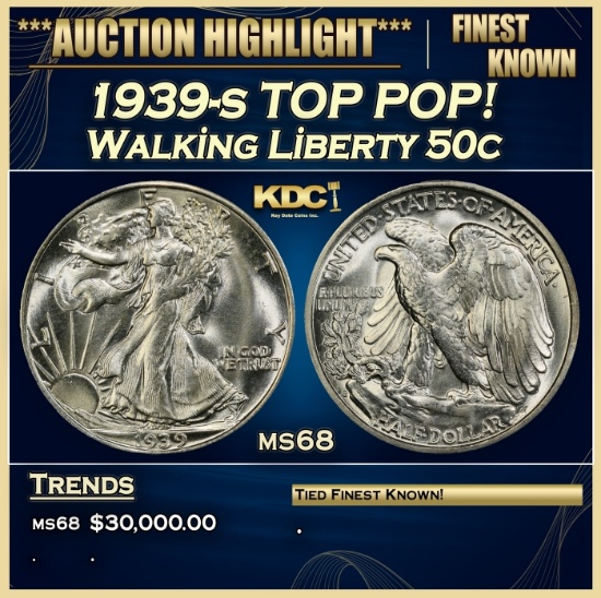 1939-s Walking Liberty Half Dollar TOP POP! 50c ms68 SEGS