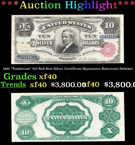 1891 $10 Red Seal Silver Certificate "Tombstone" Grades xf Signatures Rosecrans/Nebeker