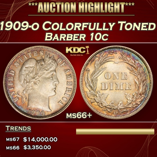 1909-o Barber Dime Colorfully Toned 10c ms66+ SEGS